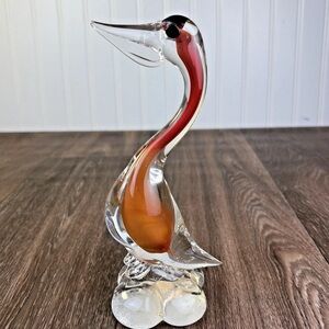 Murano Sommerso Art Glass Duck Pelican Figurine Amber & Red 7.75'' Italy